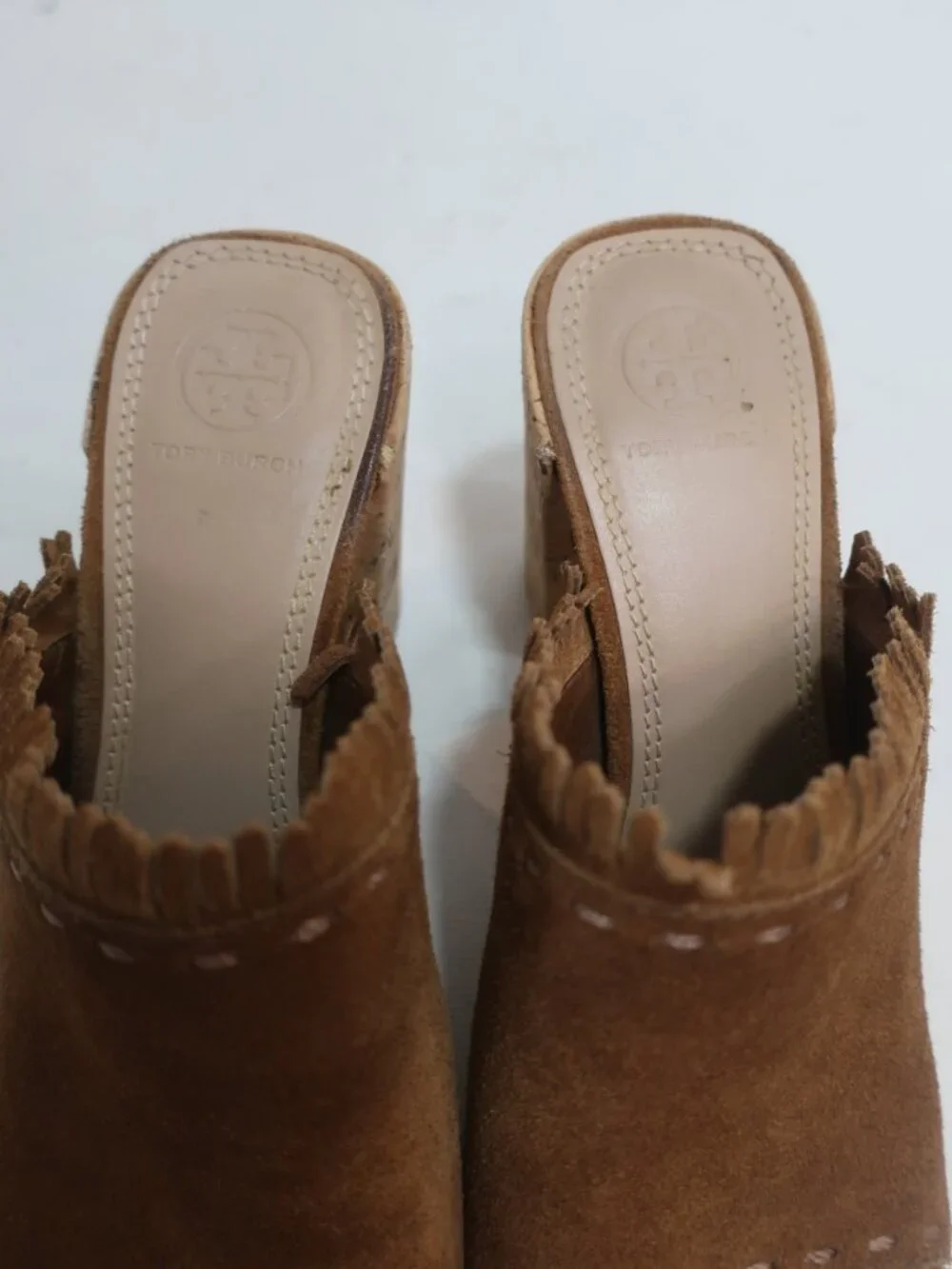 Womens Tory Burch Huntington Brown Fringed Suede Cork Block Heeled Sandals 7.5